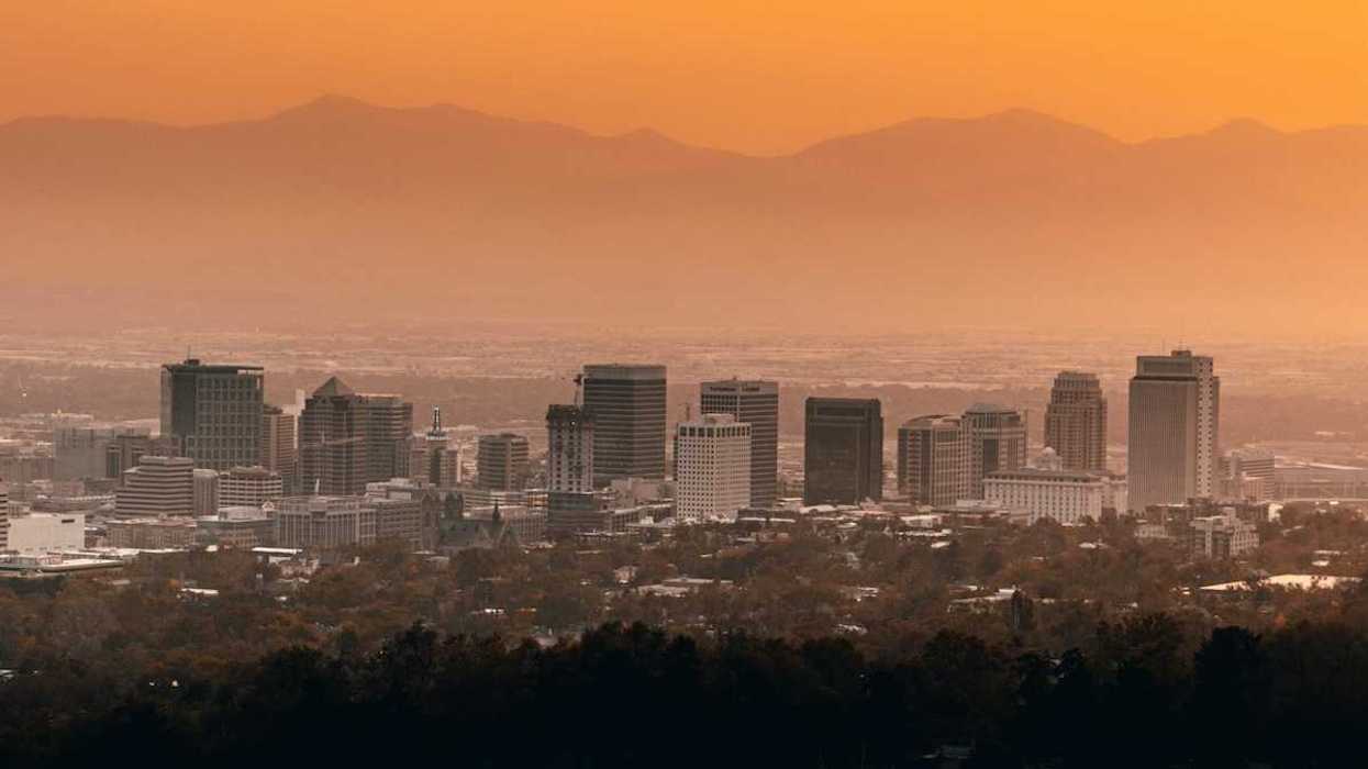 Salt Lake City center beneath a hazy sky