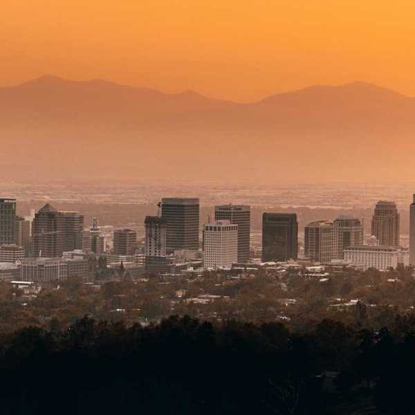 Salt Lake City center beneath a hazy sky