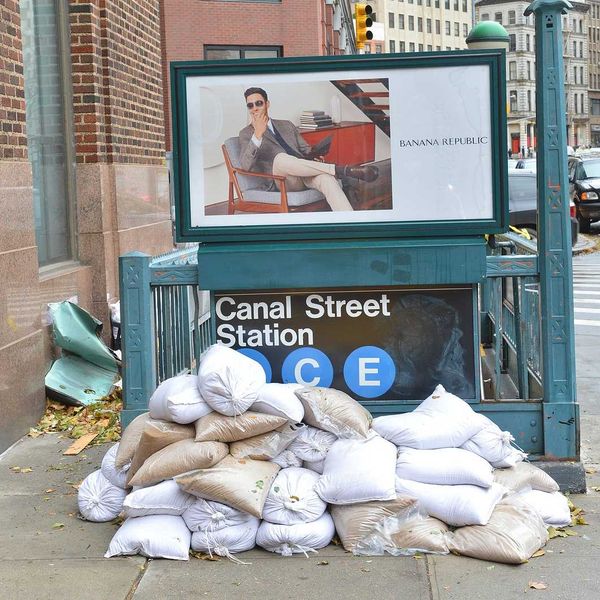 Sandbags piled at entrance to Canal Street Subway station NYC as a result of of Hurricane Sandy