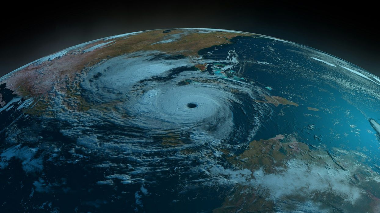 Satellite view of hurricane above Earth.