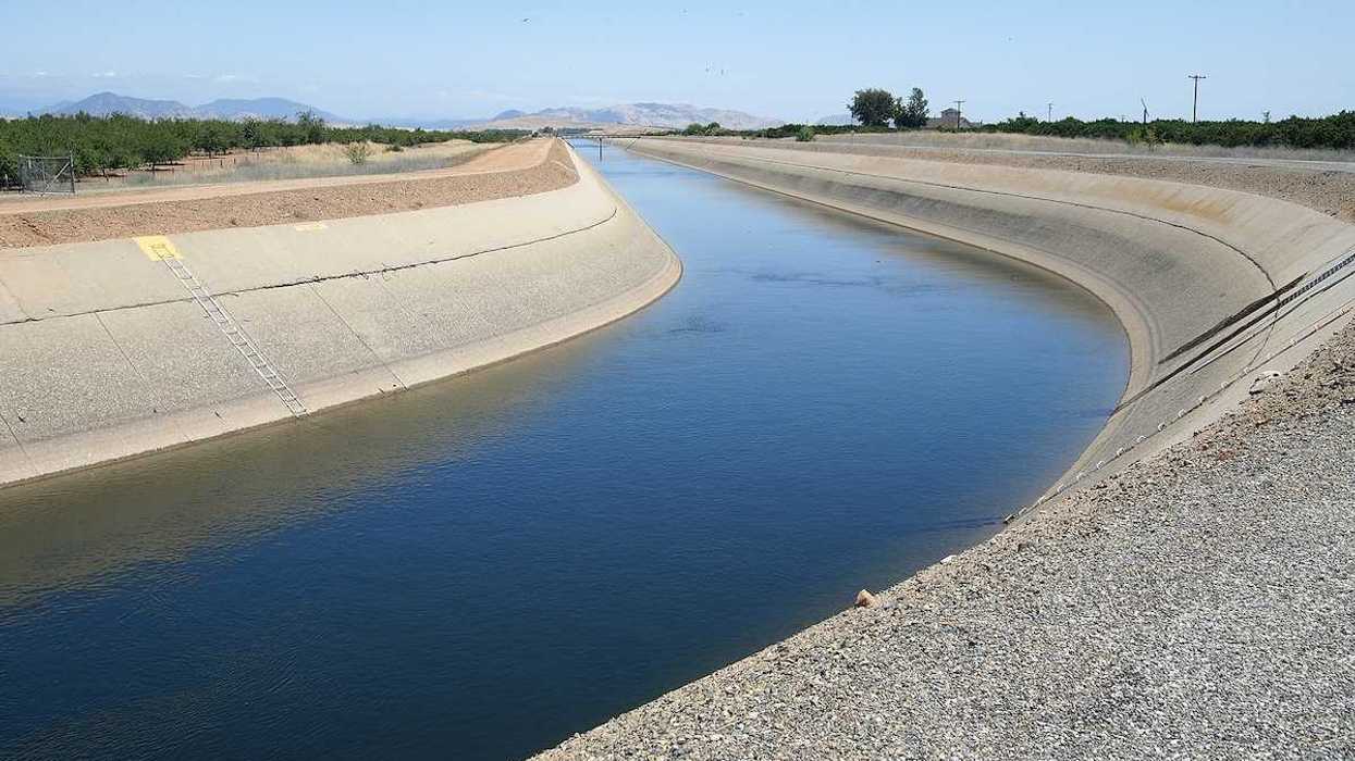 Save Download Preview Irrigation water flows in a canal near an orange grove.