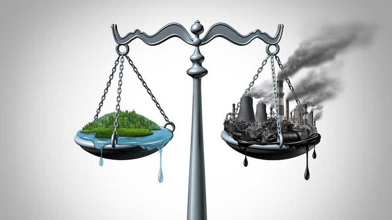 scales of justice with a harmonious green ecosystem on one side and a dirty polluted fossil fuel plagued industrial site on the other scale.