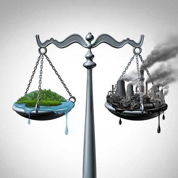 scales of justice with a harmonious green ecosystem on one side and a dirty polluted fossil fuel plagued industrial site on the other scale.