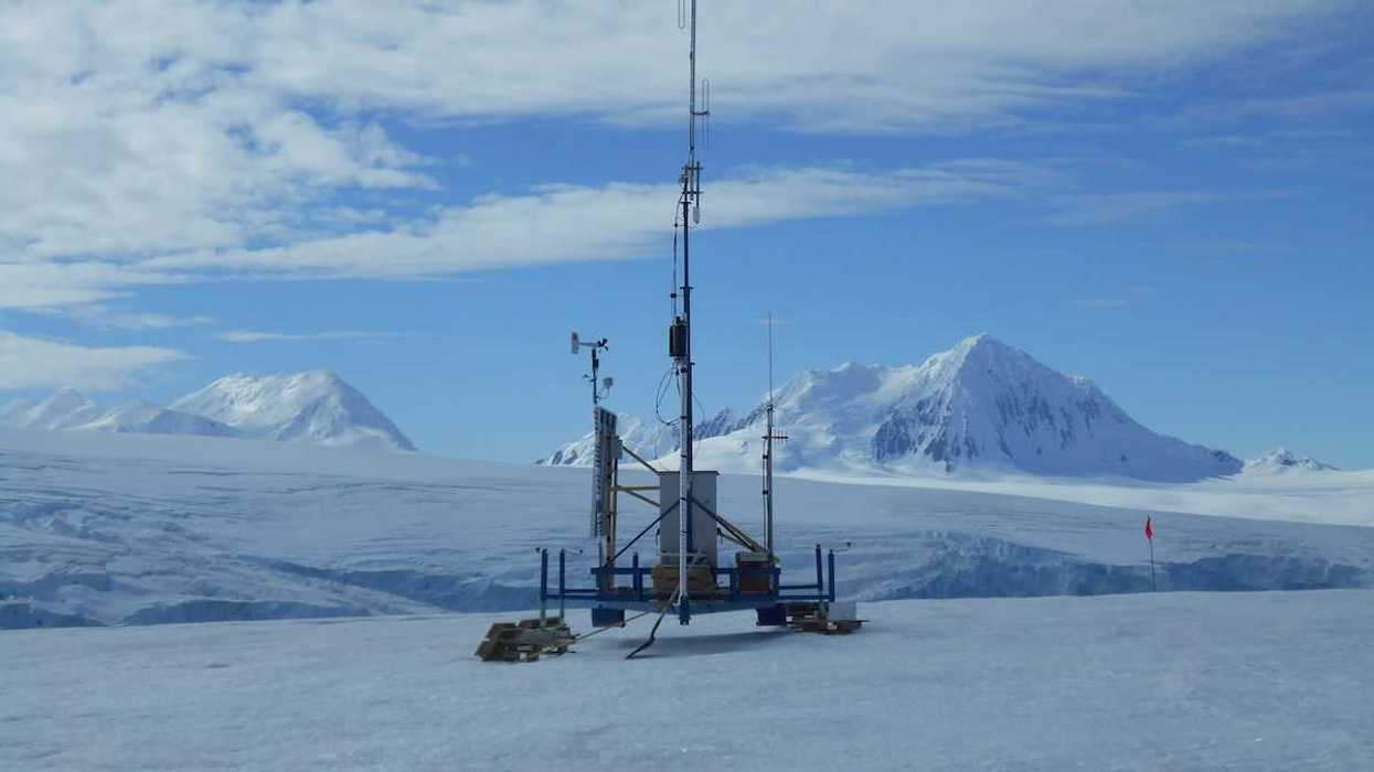 Scientific instrumentation atop a glacier near Palmer Station, Antarctica February 17, 2017 Mount Français in background.