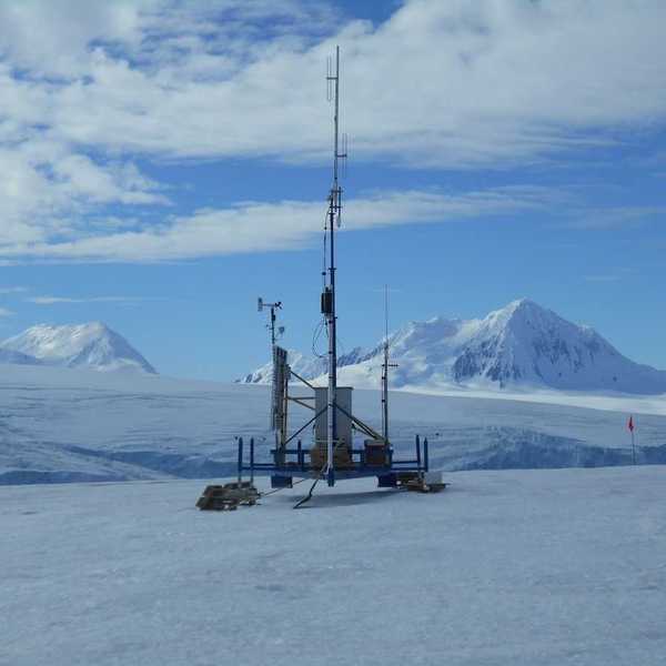 Scientific instrumentation atop a glacier near Palmer Station, Antarctica February 17, 2017 Mount Français in background.