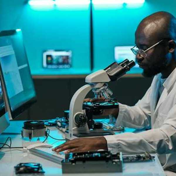 Scientist reviewing a slide on a microscope in a lab
