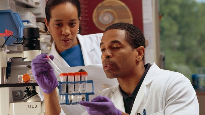 scientists in lab test tubes