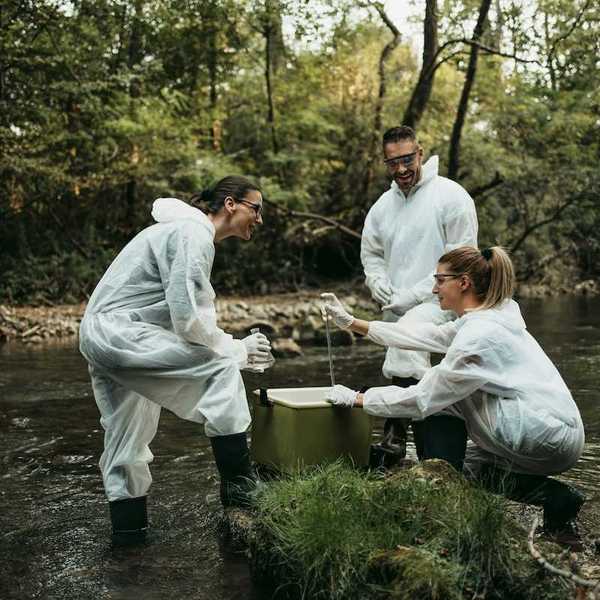 Scientists taking water samples from stream
