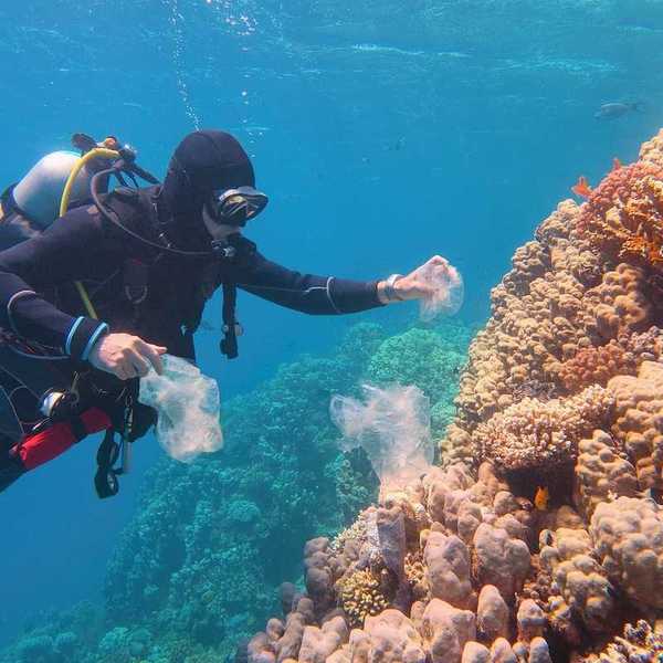 Scuba diver cleaning plastic from the tropical coral reef in an ocean contaminated by plastic.