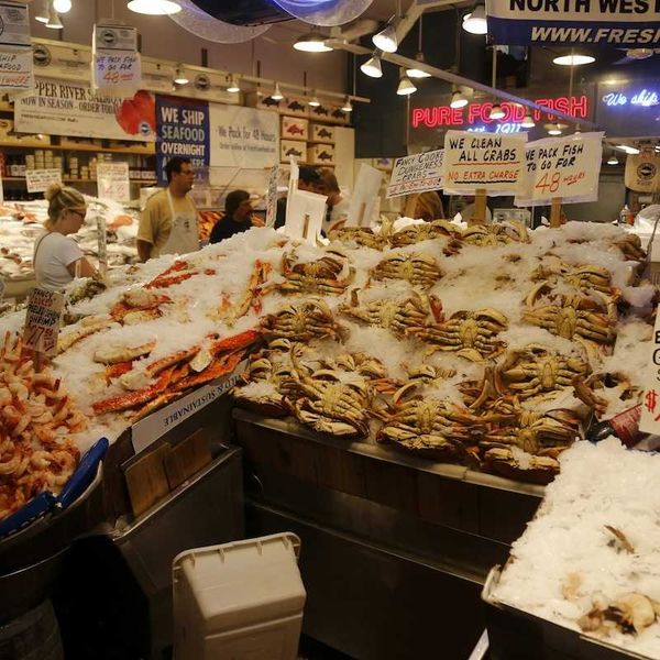 Seafood market - array of seafood on ice in Seattle Public Market
