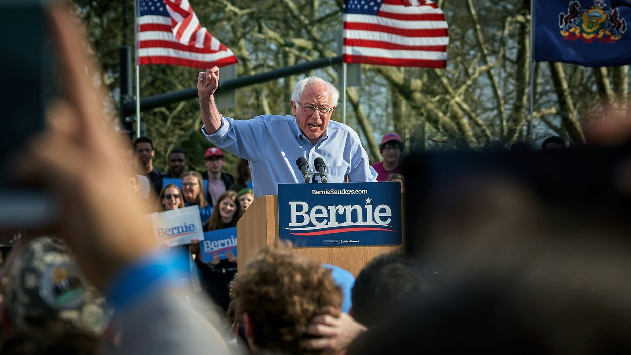 Senator Bernie Sanders speaking passionately to crowd