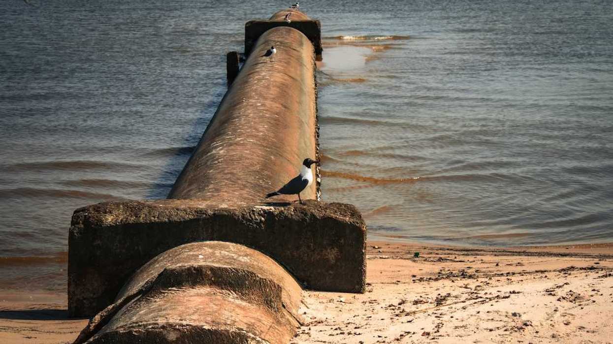 Sewage outflow extending into and submerged in water