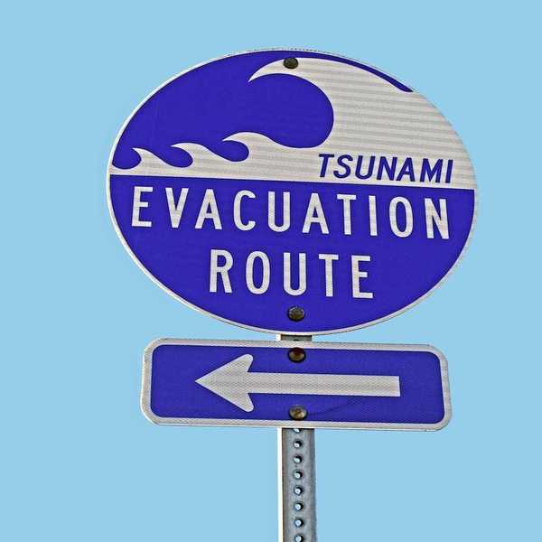 Sign with arrow indicating a "TSUNAMI EVACUATION ROUTE"