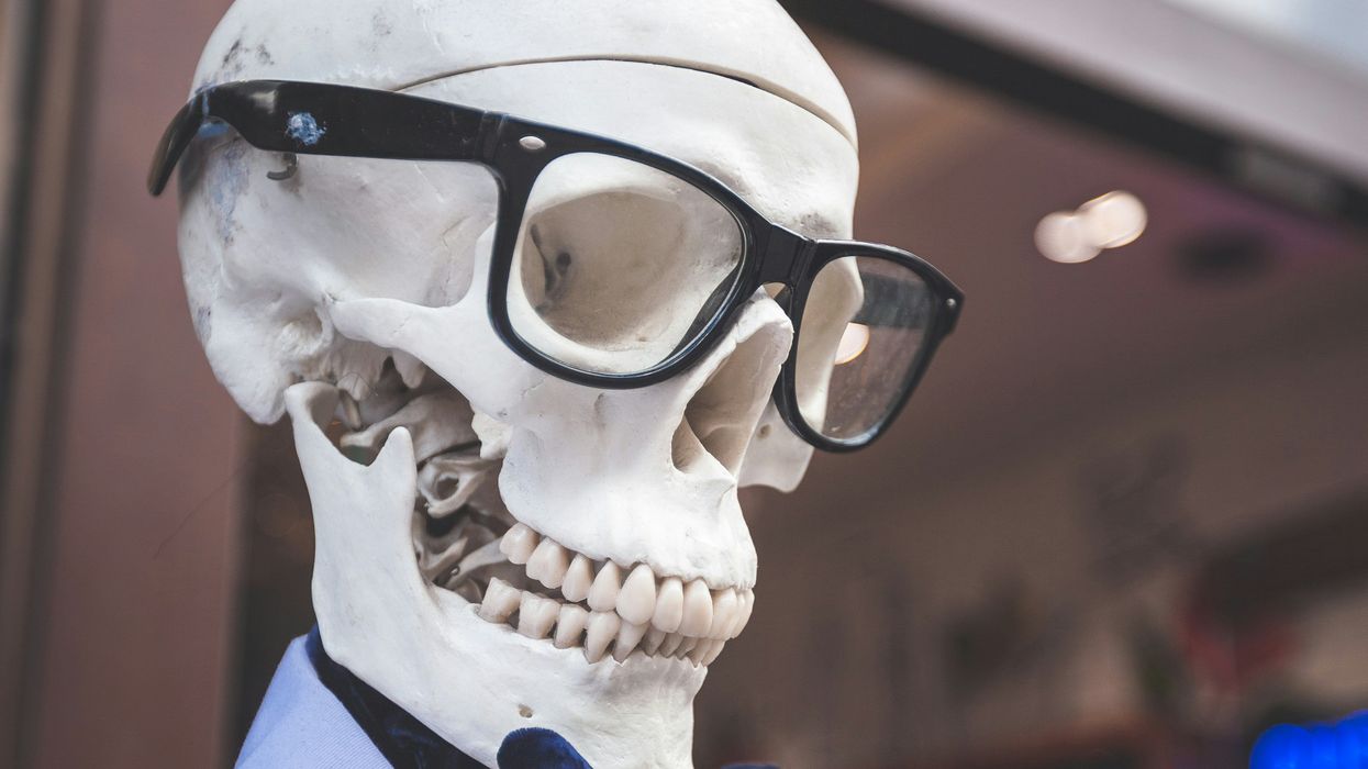 skeleton wearing eyeglasses and blue collared top
