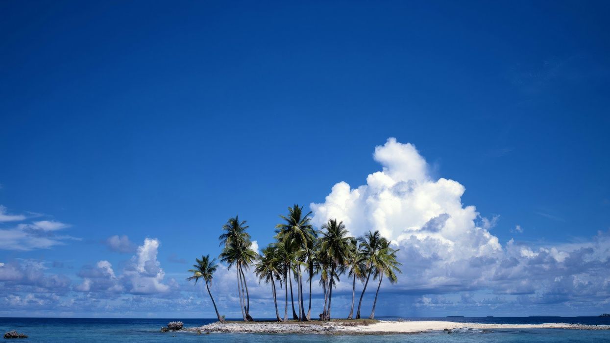 Small uninhabited South Pacific island with a dozen palm trees