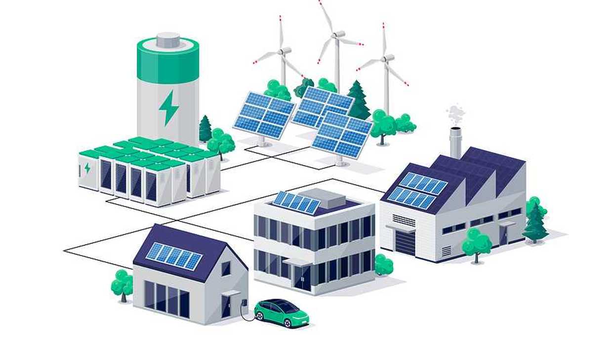 Smart grid virtual battery energy storage network with house office factory buildings, solar panel plant, wind and li-ion electricity backup. Electric car charging on renewable power supply system.