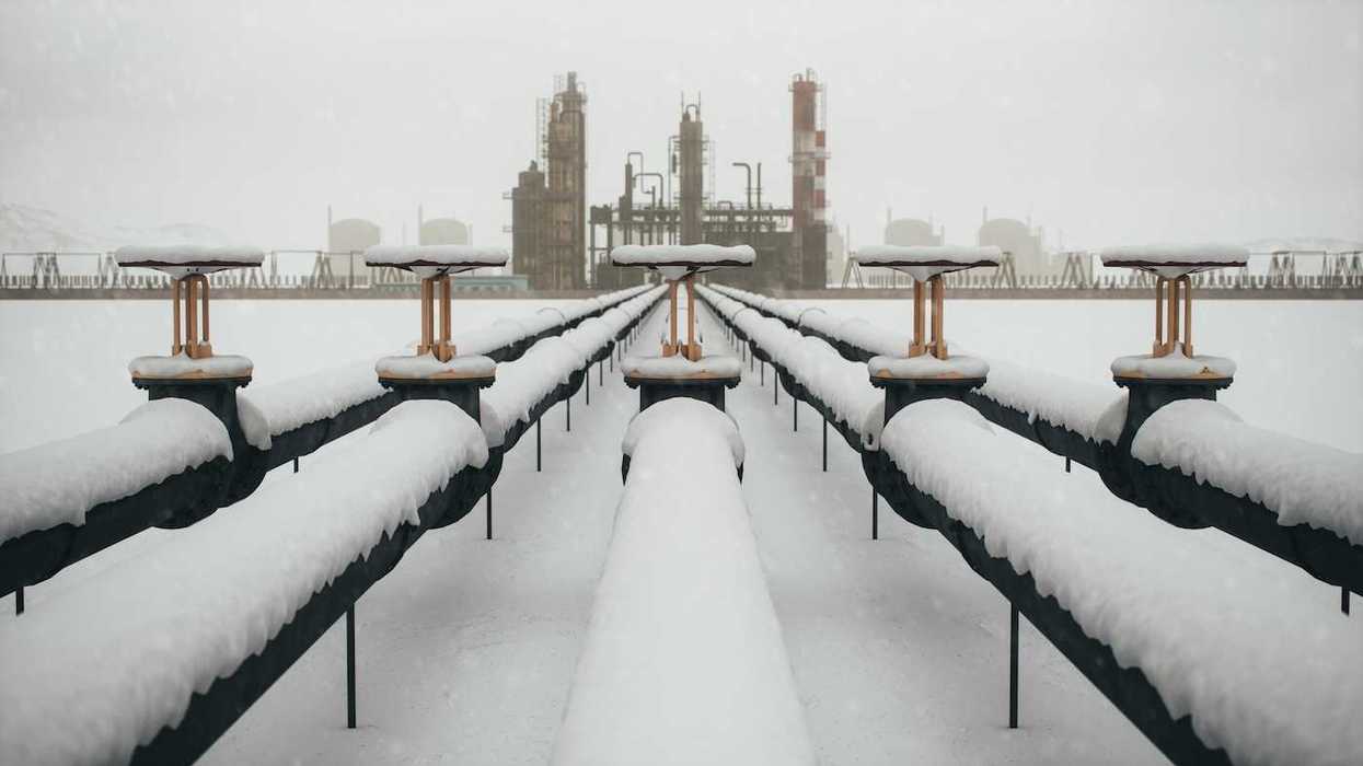 Snow-covered fossil fuel pipeline leading to a refinery.