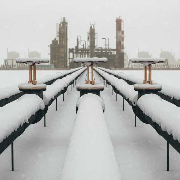 Snow-covered fossil fuel pipeline leading to a refinery.