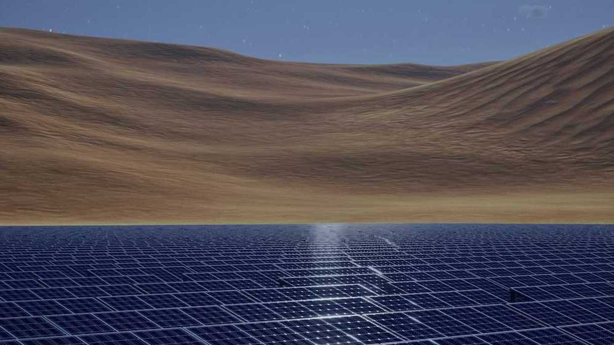 Solar panels in a desert with sand dunes and a starry sky behind