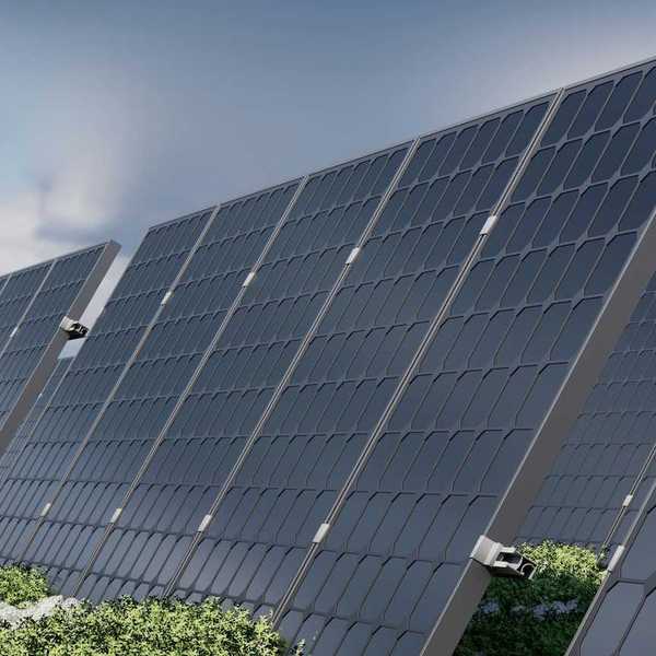 Solar panels under a cloudy sky