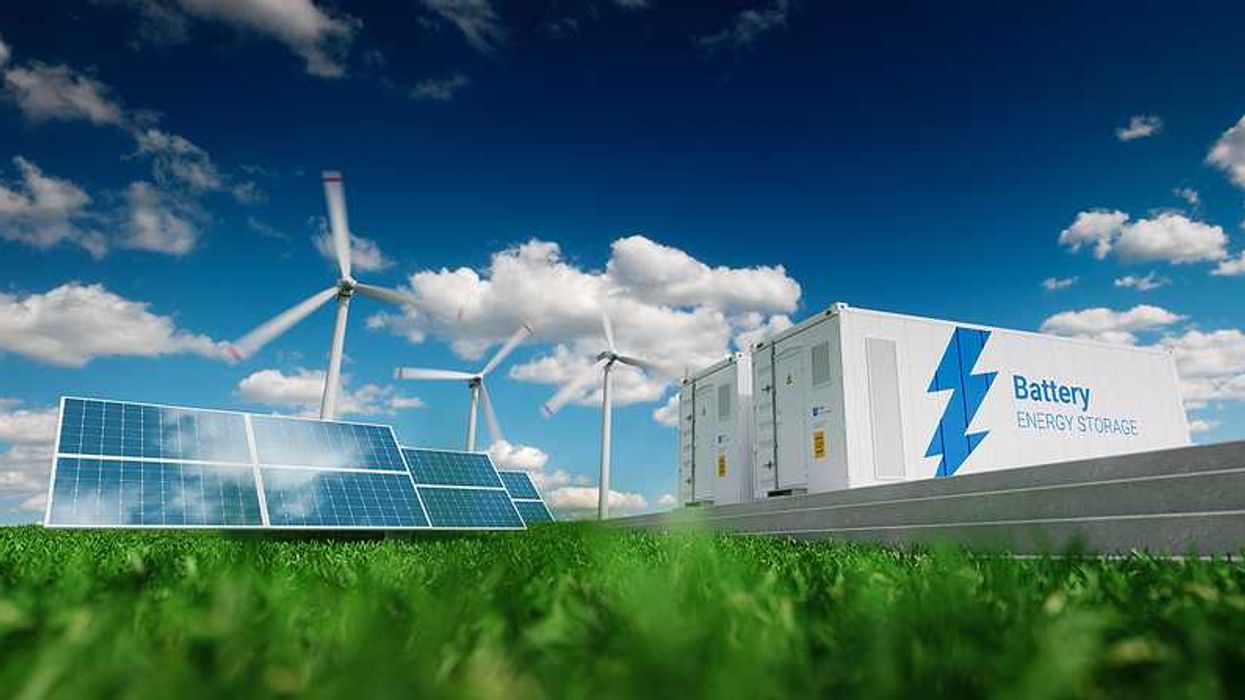 Solar panels, wind turbines, and large battery containers for energy storage
