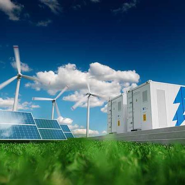 Solar panels, wind turbines, and large battery containers for energy storage