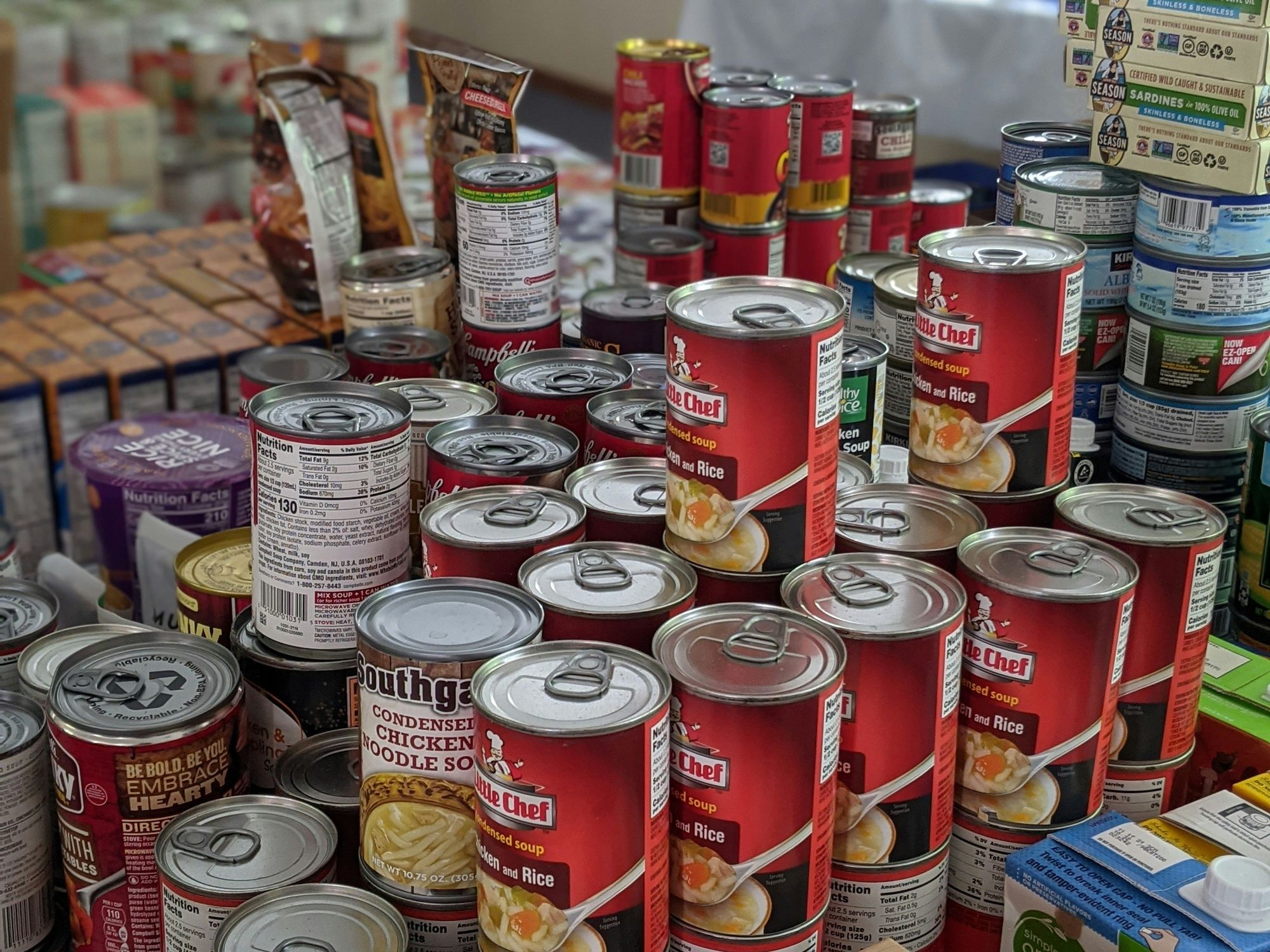 Stacks of canned food.