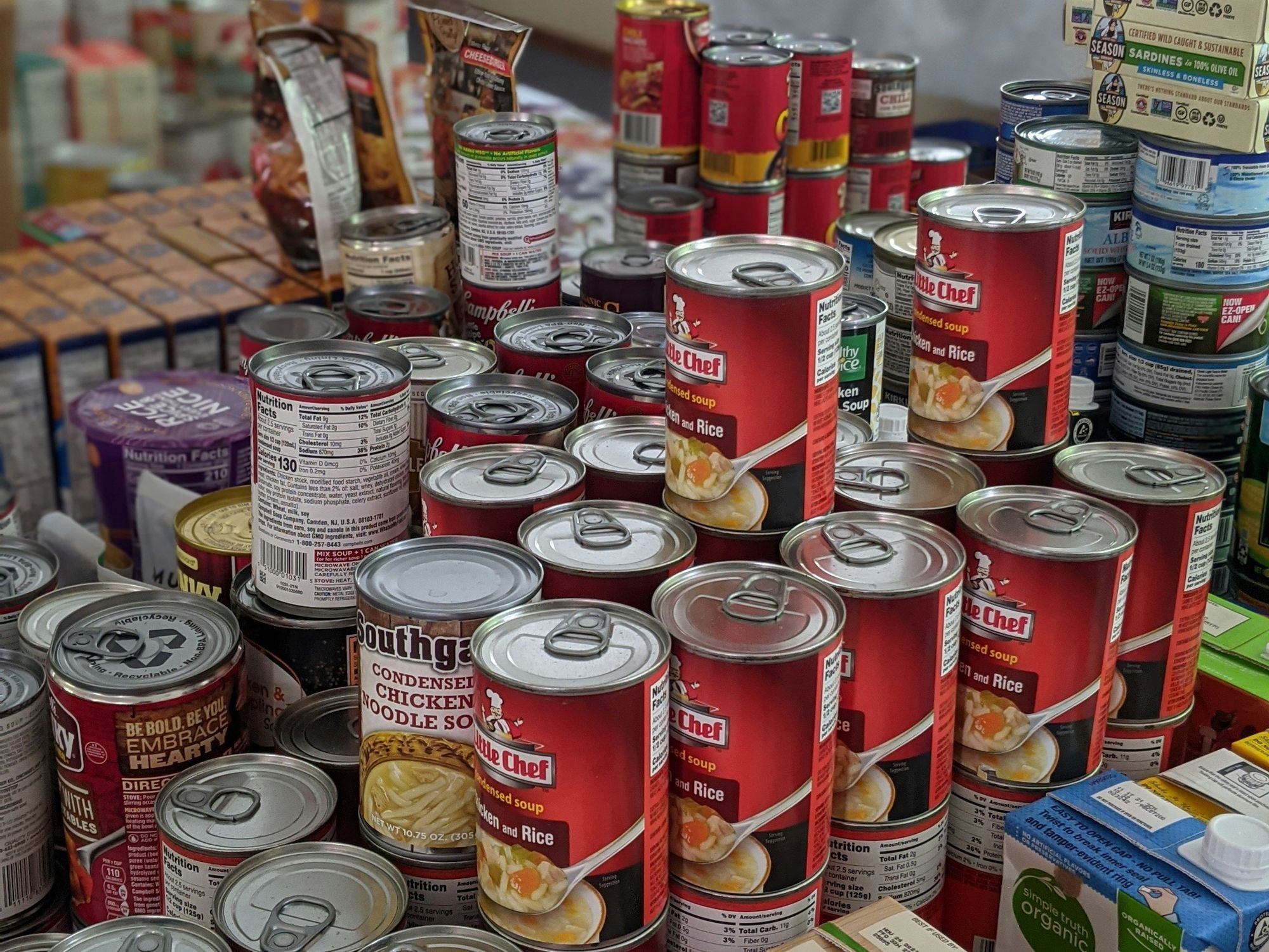 Stacks of canned food.