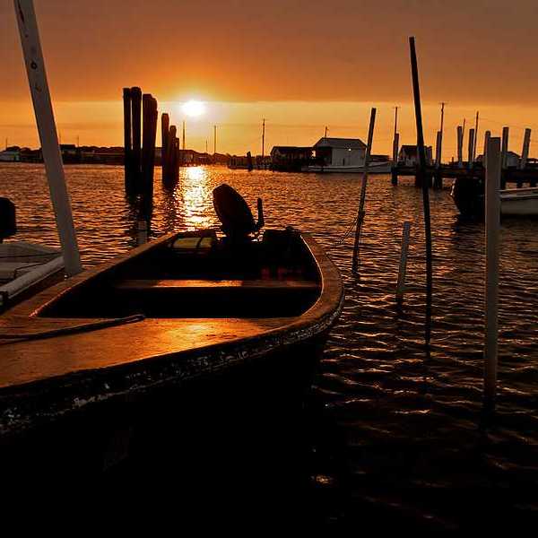 Sunrise over the fishing boats of Tangier Island in Virginia.