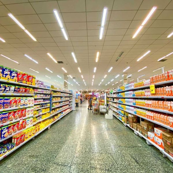 Supermarket aisle replete with massive selection of processed and ultra-processed food