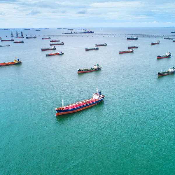 Tankers and cargo ships awaiting port access