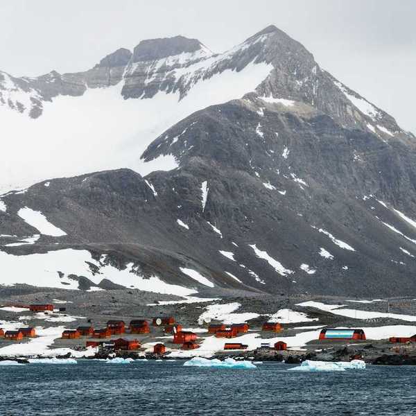 The Argentinian "Esperanza" Base at Hope Bay on the Antarctic Peninsula. Red buildings dotting the landscape.