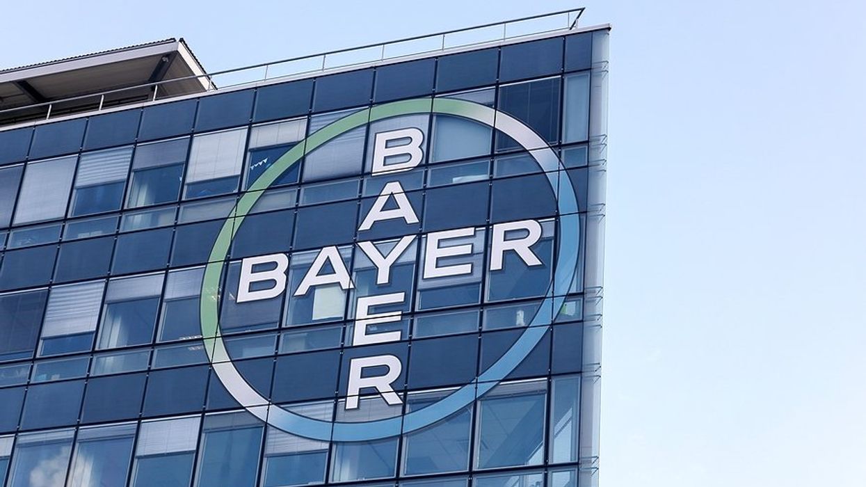 The Bayer logo on the side of a building.