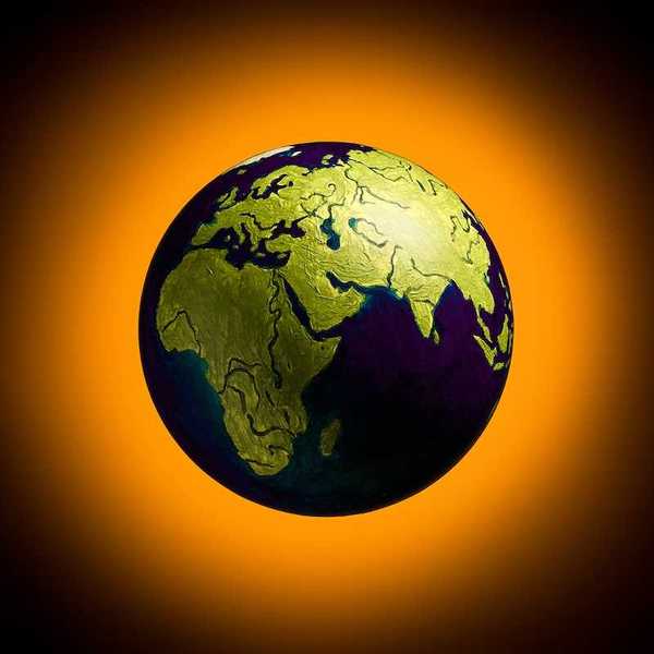 The concept of climate change. Planet earth on fiery orange background.