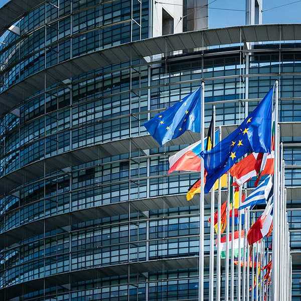 The European parliament building with country flags flying outside