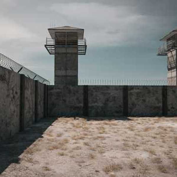 The exterior of a prison with prison towers and barbed wire