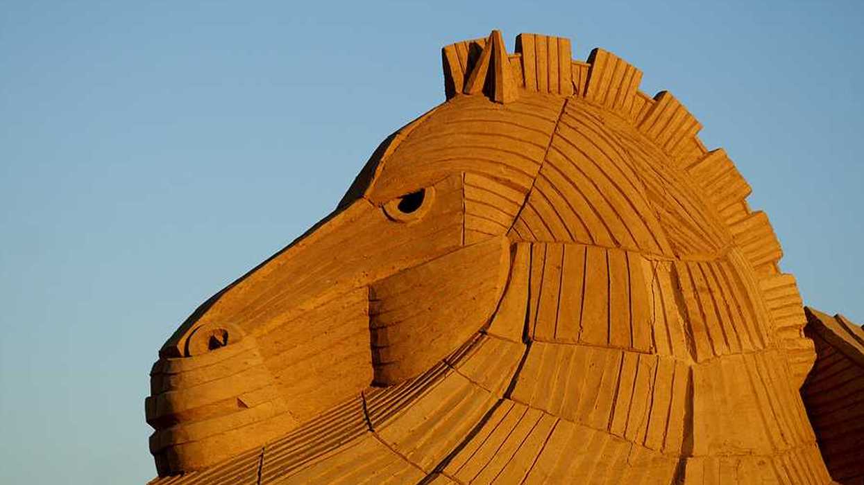 The head of a wooden horse styled after the Trojan Horse