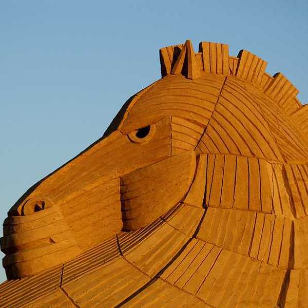The head of a wooden horse styled after the Trojan Horse