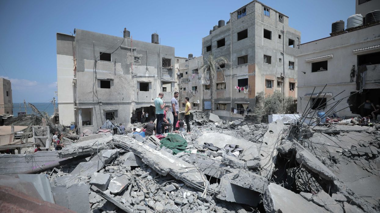 The rubble and ruins of buildings in a war zone.