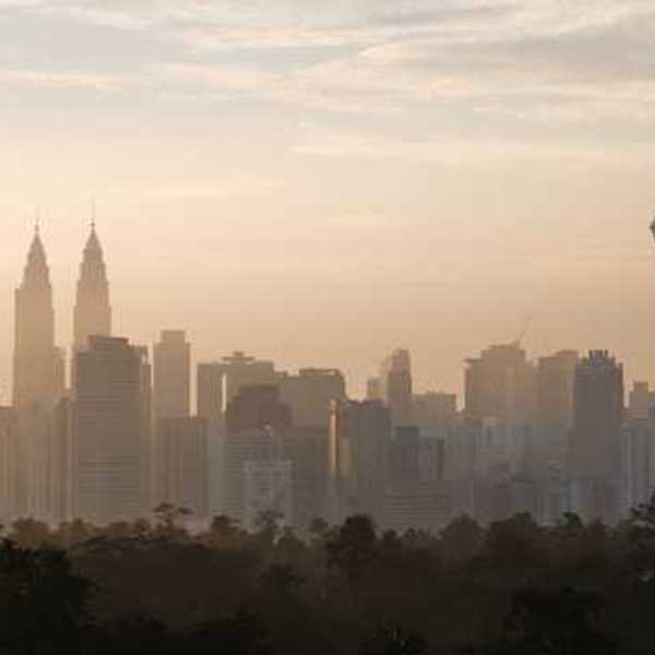 The skyline of Kuala Lumpur, Malaysia in the morning with trees in the foreground