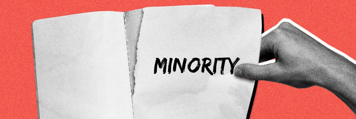The word "minority" getting ripped from the page of a book