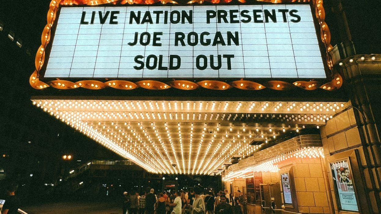 Theater marquis reading "LIVE NATION PRESENTS JOE ROGAN SOLD OUT"
