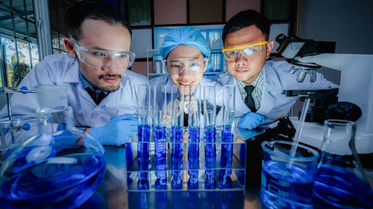 Three Chinese scientists scrutinizing six test tubes of blue liquid
