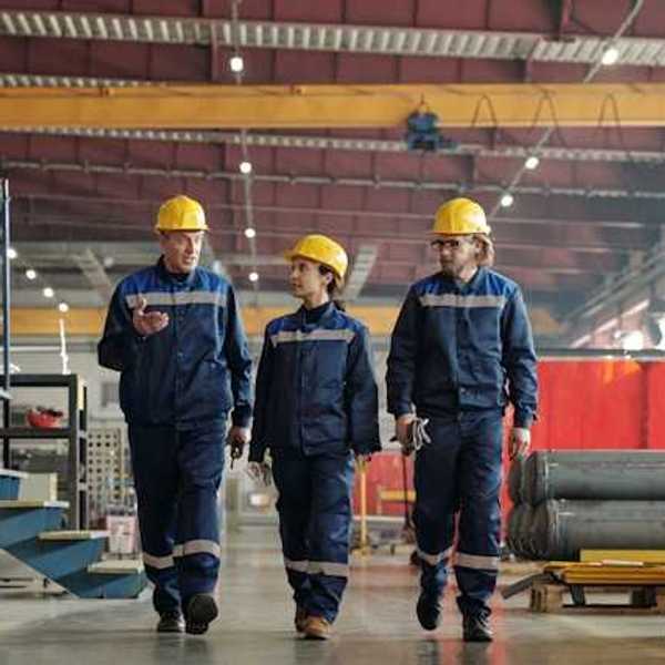 Three factory workers walking through a factory