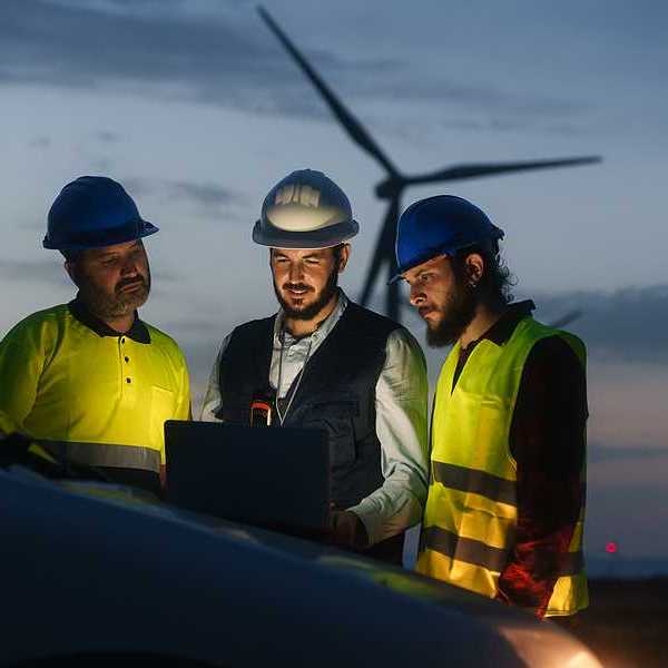 Three renewable energy workers looking at a laptop with a wind turbine in the background