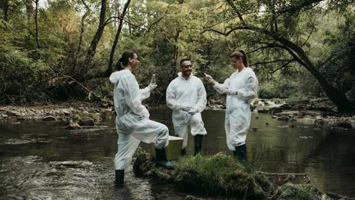 Three researchers in white coveralls standing in a creek