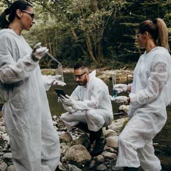 Three scientists testing water in a creek