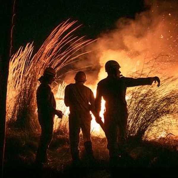 Three silhouetted figures watch a large fire burn in a field