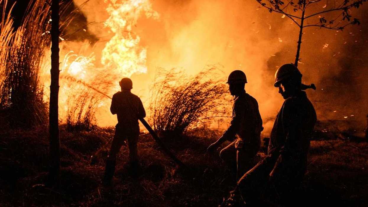 Three wildland firefighters working at night