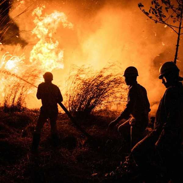 Three wildland firefighters working at night